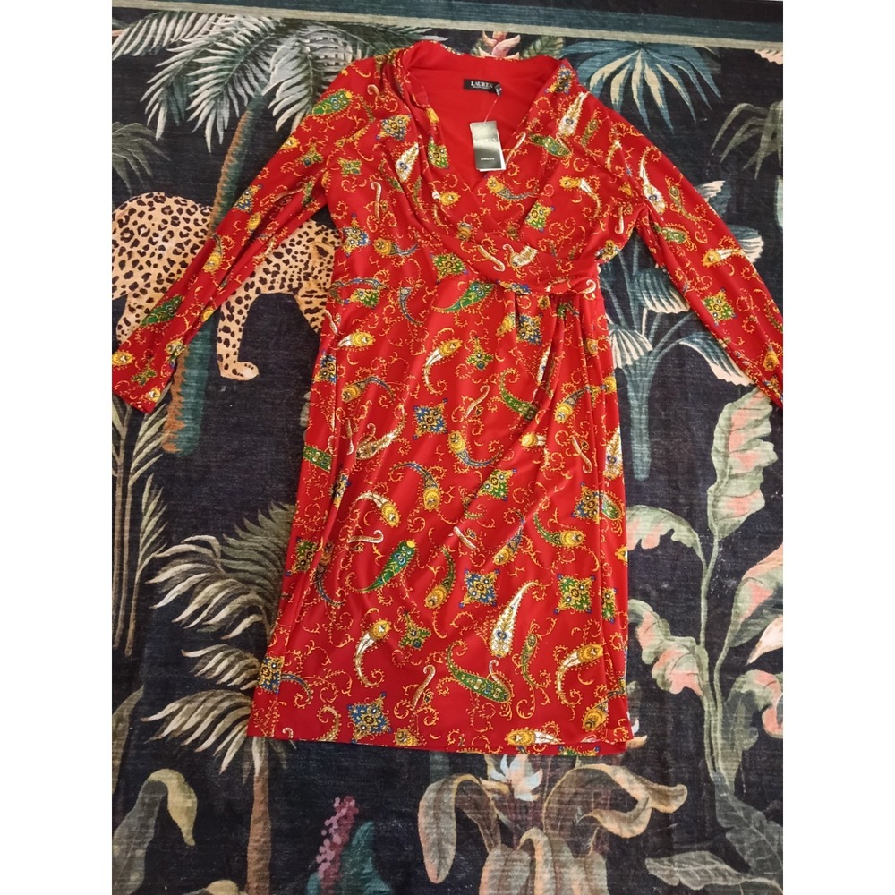 Lauren Ralph Lauren Faux Wrap Dress Womens 16 Red Paisley Black Label NWT $125
